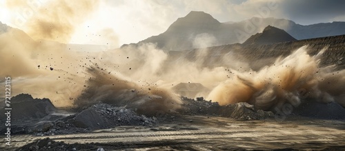 Debris and dust clouds caused by blasting on mining site. photo