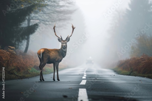 Deer standing on the road near the forest on a misty, foggy morning. Road hazards, wildlife and transport, Generative AI © Morningmaze