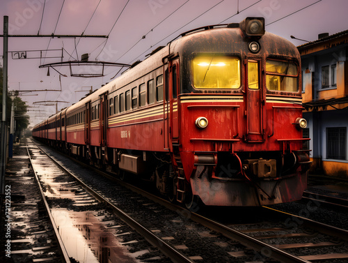 Vintage Train on Tracks in Rural Setting