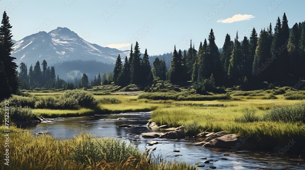 Fototapeta premium Mountain Lake with Pine Trees and Snow-Capped Peaks