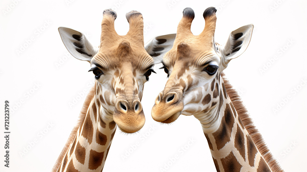 Fototapeta premium Two giraffes isolated on a white background, close-up