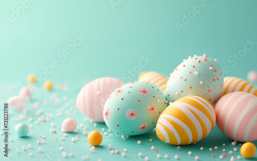 Colorful Easter eggs on pastel green background