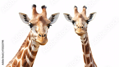 Two giraffes isolated on white background. Close up of two giraffes