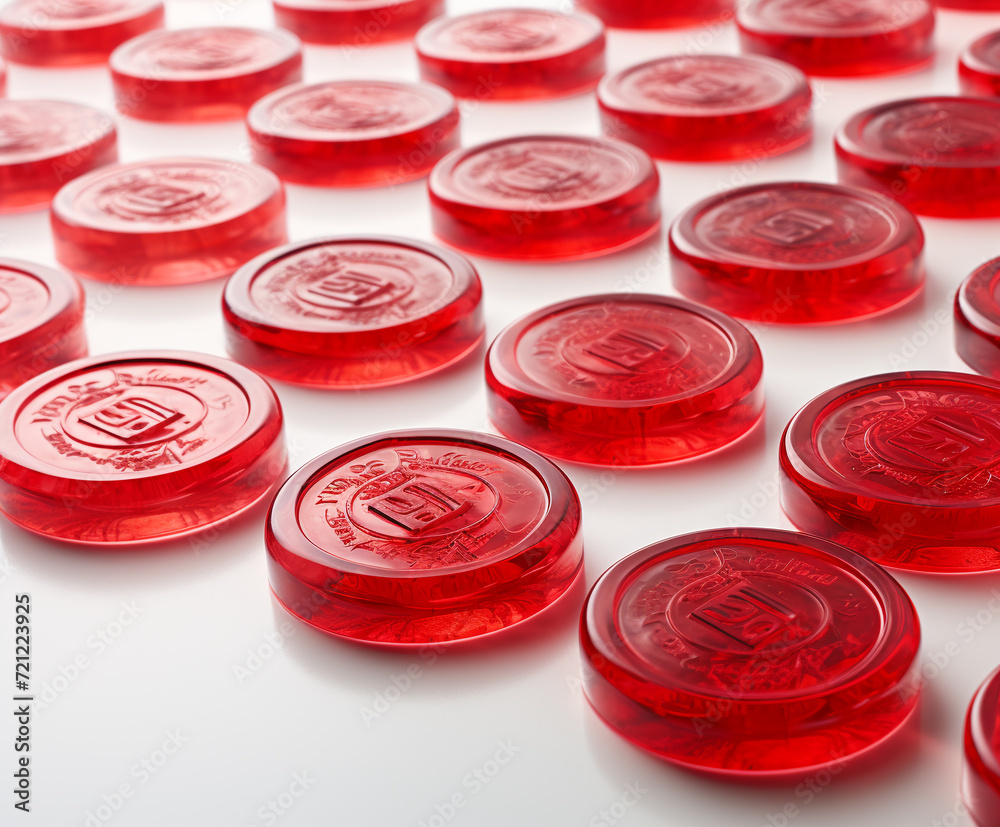 close-up of lollipops, red translucent round shaped tablets laid out in a row on a white background close-up of lollipops, red translucent round shaped tablets laid out in a row on a white background