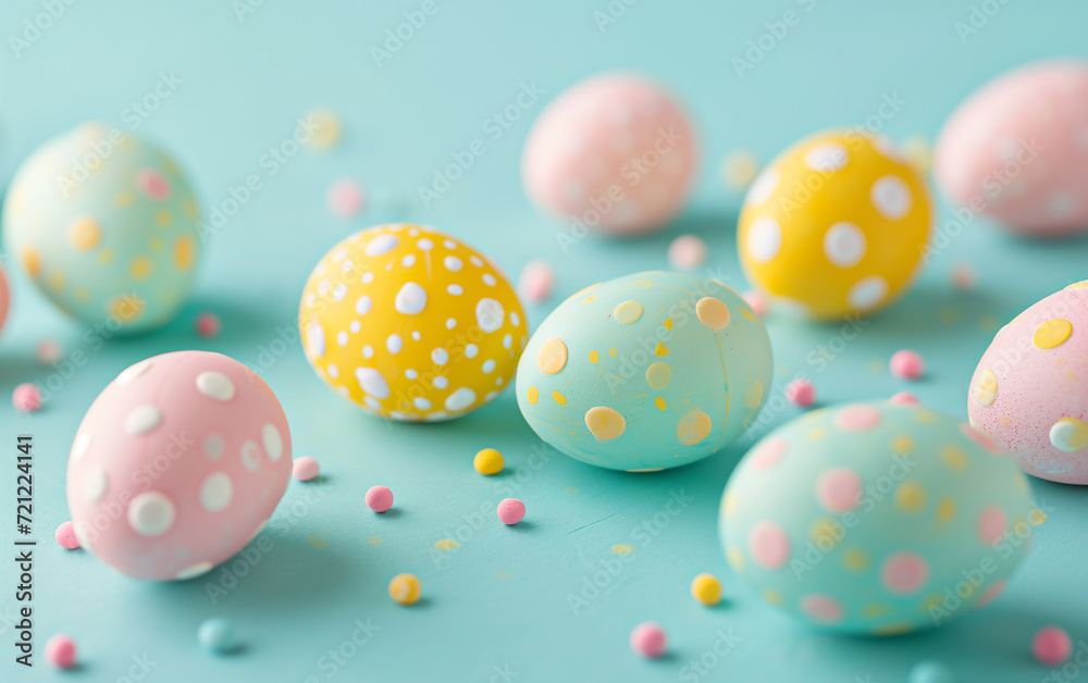 Colorful Easter eggs on pastel green background