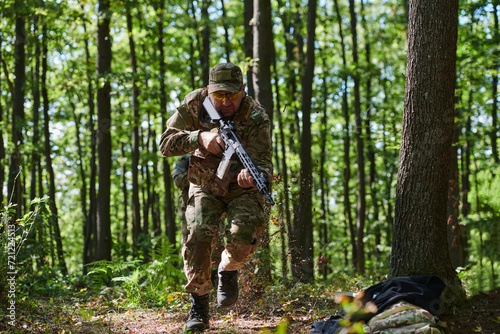 An elite soldier, camouflaged and stealthily navigating through dangerous woodland terrain, executes a covert mission in a secluded forest area