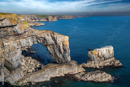 Rock Formation Green Bridge At The Atlantic Coast Of Wales In Pembrokeshire, United Kingdom photo