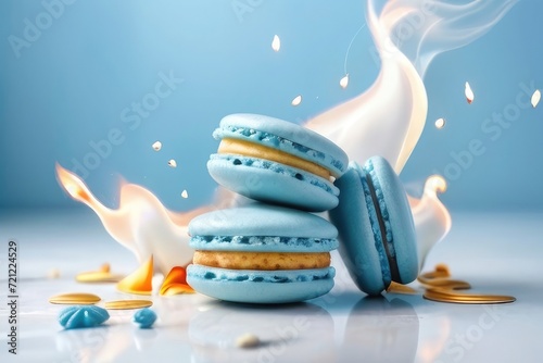 macrons with milk on blue background fun  photo