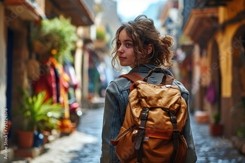 Traveler girl in street of old town in Spain. Young backpacker tourist in solo travel. Vacation, holiday, trip, Generative AI © Morningmaze