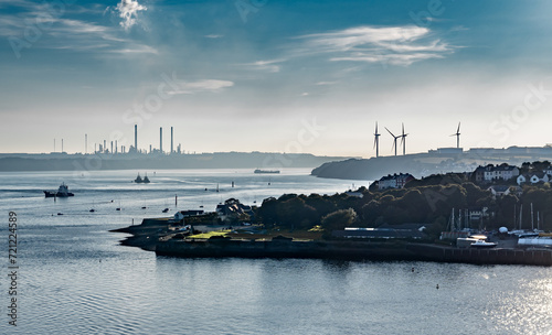 View From Cleddau Bridge To River Estuary With Pembrokshire Docks, Wind Turbines And Factories In Wales, United Kingdom © grafxart