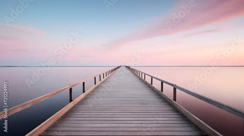 Serene Boardwalk Long wooden boardwalk stretching across calm lake with twilight colors