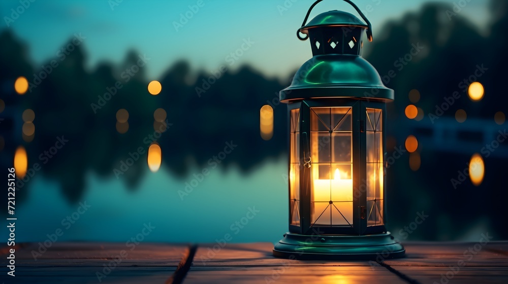 a tranquil emerald night with an elegant lantern casting a tranquil emerald night with an elegant lantern casting
