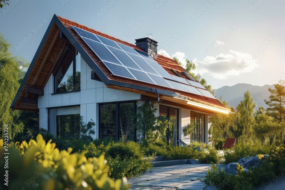 New suburban house with a photovoltaic system on the roof. Modern eco ...