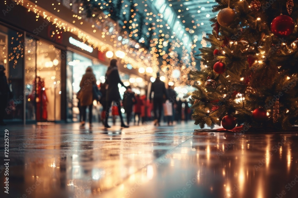 Shopping mall decorated for Christmas time. Crowd of people looking for presents and preparing for the holidays. Abstract blurred defocused image background. Christmas holiday, shopping, Generative AI