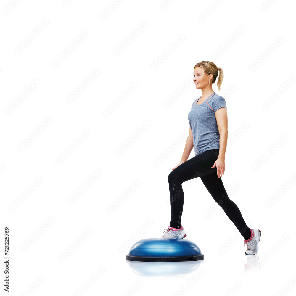 Woman, ball or legs training in workout for body or core development isolated on white background. Athlete, exercise equipment or fitness for studio mockup space, balance challenge or wellness