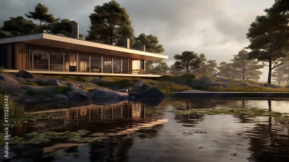 Architectural rendering of a contemporary house by a tranquil lake surrounded by trees, during an early morning setting.
