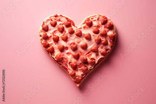 Pizza in the shape of a heart on a pink background.