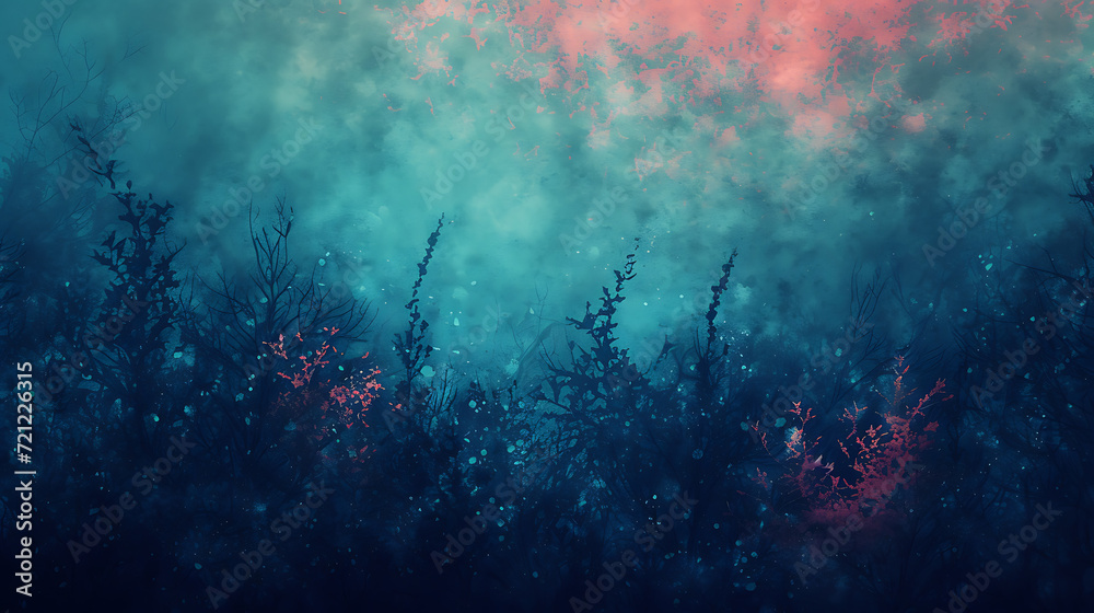 Surreal underwater scene featuring a gradient of turquoise, coral, and deep navy with a grainy texture for aquatic-themed designs