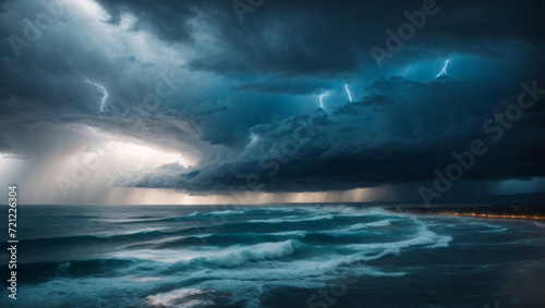 Epic stormy sky with shades of gray and electric blue, lightning over the ocean, 4K