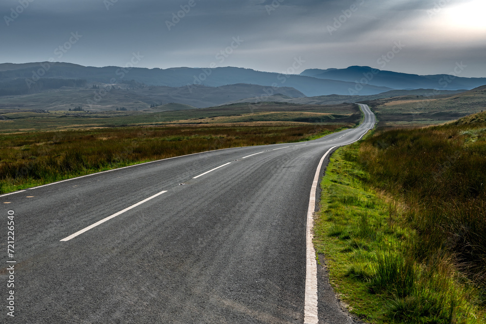 Abandoned Road Through Spectacular Rural Landscape Of Snowdonia National Park In North Wales, United Kingdon