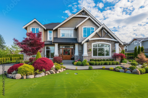a beautiful suburban house with a green grassy yard photo