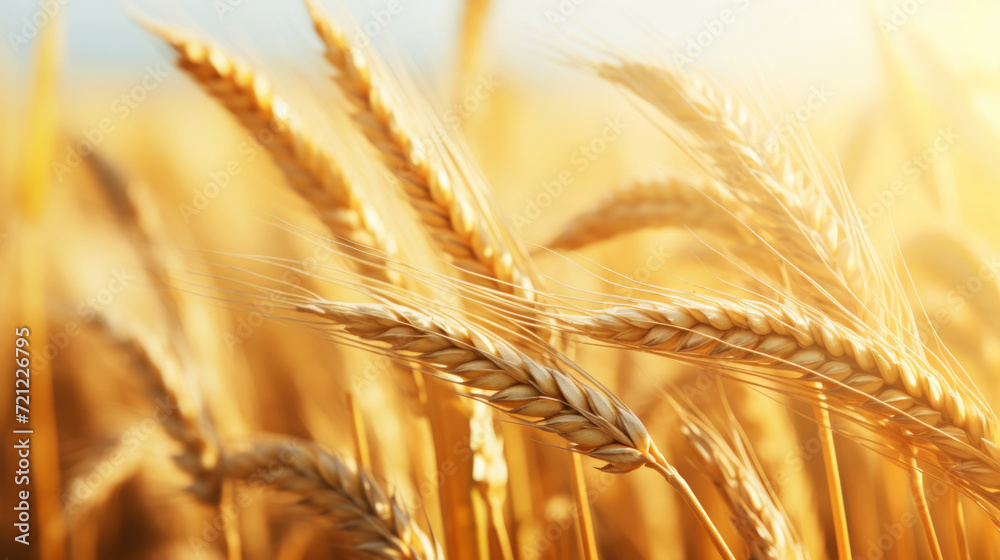 Close up of ripe golden wheat ears, field of wheat in a summer day, sun flare. Harvesting period. Generative AI Close up of ripe golden wheat ears, field of wheat in a summer day, sun flare. Harvesting period. Generative AI