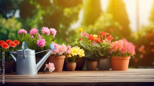 colorful flower pots with watering can and gloves