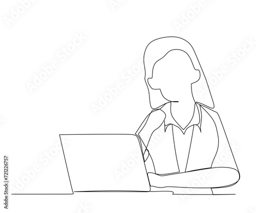 One continuous line drawing of young female employee sitting on her chair and thinking of solution for her unfinished work. Think smart concept. Trendy single line draw vector illustration