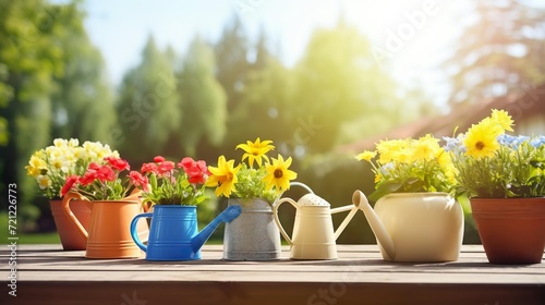 colorful flower pots with watering can and gloves