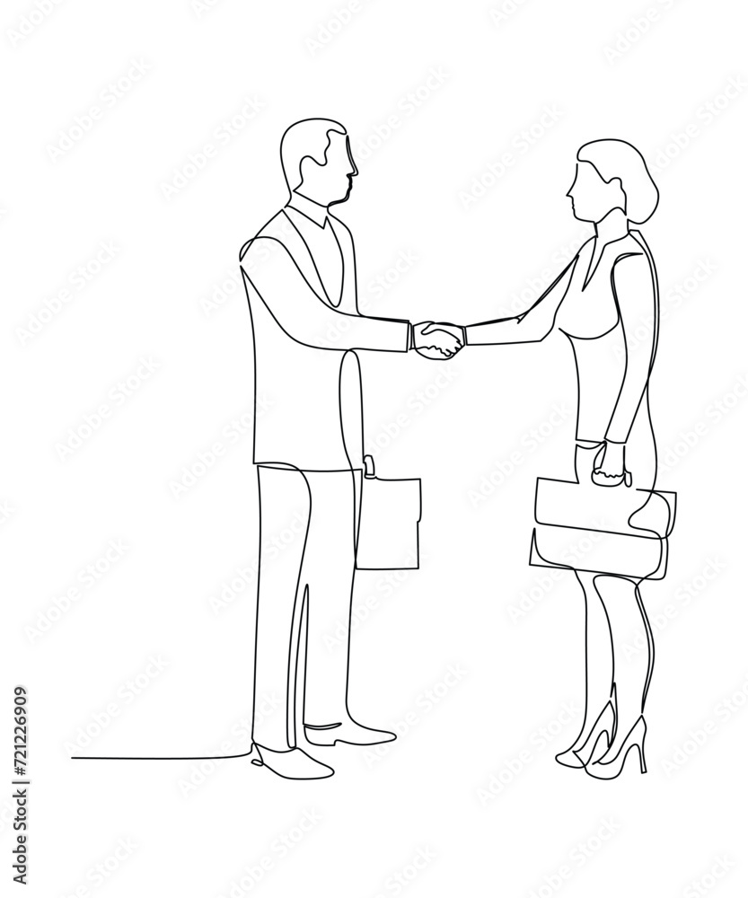 Continuous line drawing of young manager handshake his female worker to ...