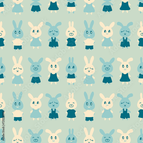 Flat style seamless pattern with cute bunnies. Perfect print for tee, textile and fabric. Hand drawn illustration for decor and design.