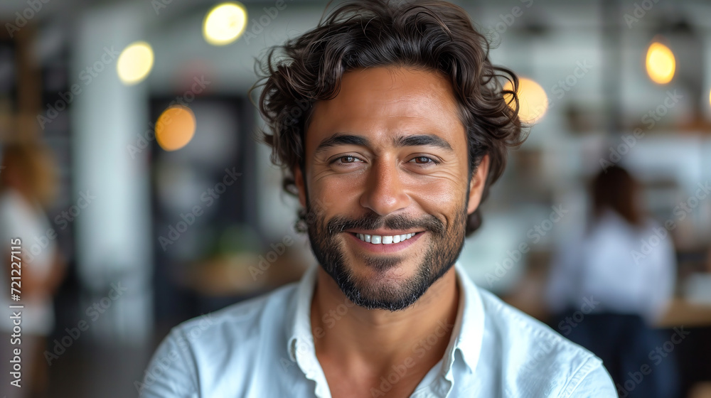 Confident handsome indian male professional in office environment smiling at camera