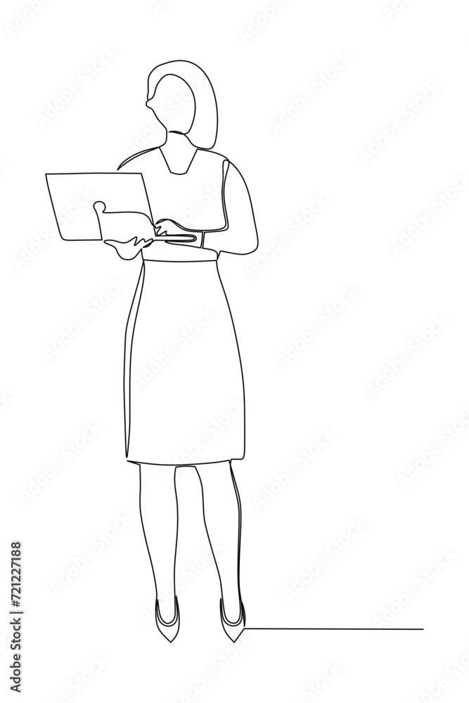 Continuous one line drawing of young female worker standing while holding laptop to type. Success business manager. Minimalist concept. Trendy single line draw design vector graphic illustration Continuous one line drawing of young female worker standing while holding laptop to type. Success business manager. Minimalist concept. Trendy single line draw design vector graphic illustration