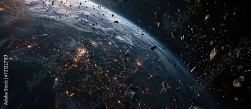 3D rendered aerial view of megalopolis in space with space debris.