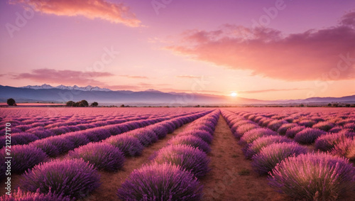 Golden hour over a lavender and pink lavender field  mountains in the background  4K