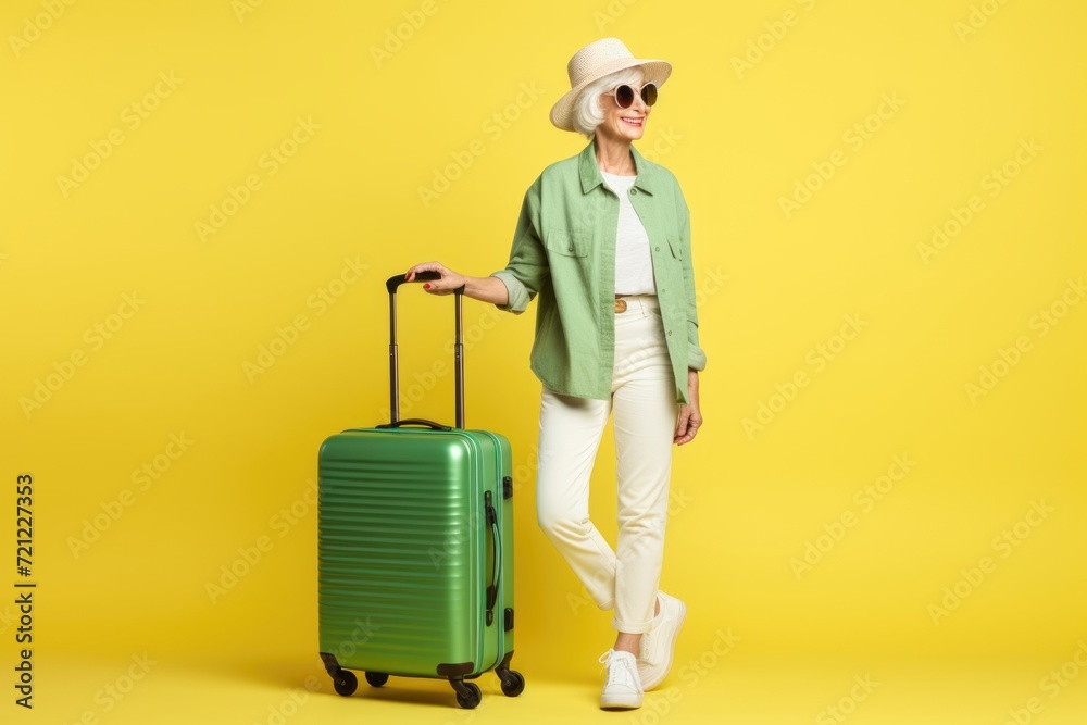 Elderly woman in green jacket with valise. Travel concept. Elderly woman in green jacket with valise. Travel concept.
