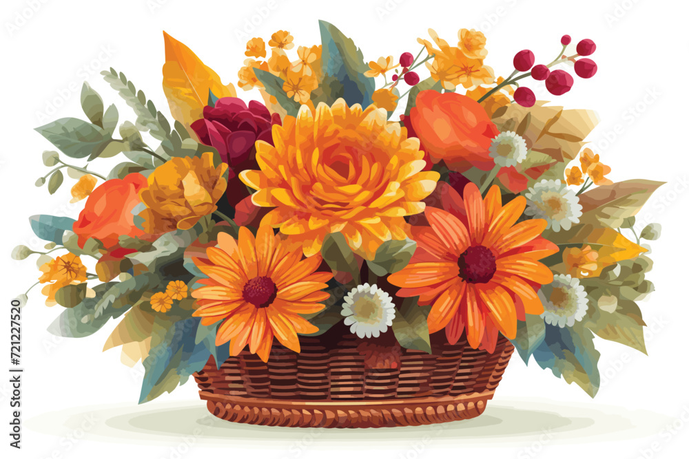 Obraz premium Bright flower bouquet in basket isolated owner white background.