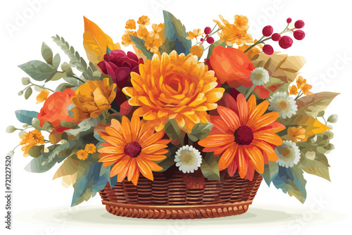 Bright flower bouquet in basket isolated owner white background.
