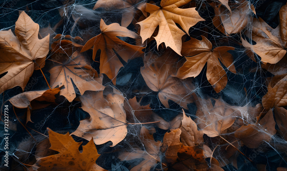 Dry autumn leaves covered with spider web. Natural concept for wallpaper print. Dry autumn leaves covered with spider web. Natural concept for wallpaper print.