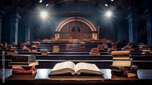 Knowledge unfolded: educational concept with books on desk in auditorium setting 