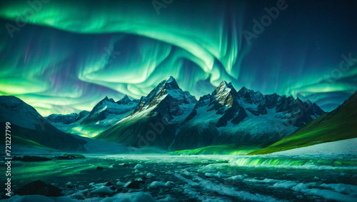 Majestic green and blue aurora over icy mountain peaks, starry night sky, 4K polar lights