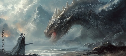 King versus dragon. Legend fairytale story. Generative AI technology. 