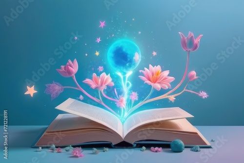 open book with growing out of it flowers and space clouds pastel colors under lake.Ai generative © azait24