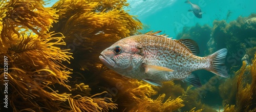 Blue-spotted Australasian snapper swimming above a field of brown kelp. photo