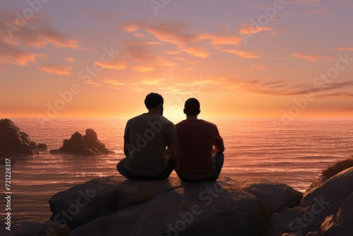 Happy biracial gay male couple sitting on rocks and embracing on beach at sunset