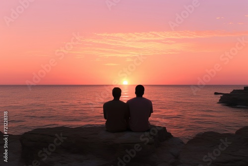 Happy biracial gay male couple sitting on rocks and embracing on beach at sunset