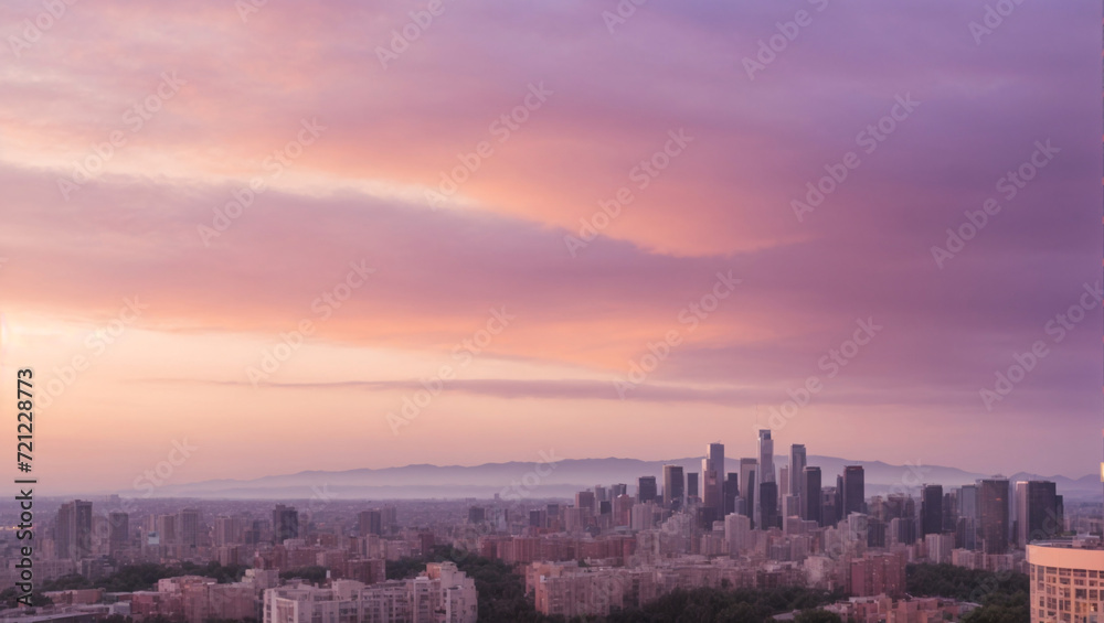 Soft peach and lavender sky at dusk, city skyline, 4K urban tranquility