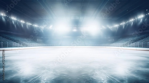 An empty hockey rink with a bright light shining