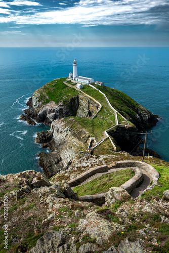 Spectacular Path With Steep Steps To South Stack Island With South Stack Lighthouse And View To The Irish Sea In North Wales, United Kingdom
