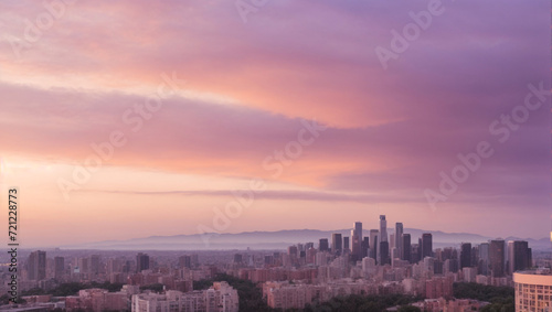 Soft peach and lavender sky at dusk, city skyline, 4K urban tranquility